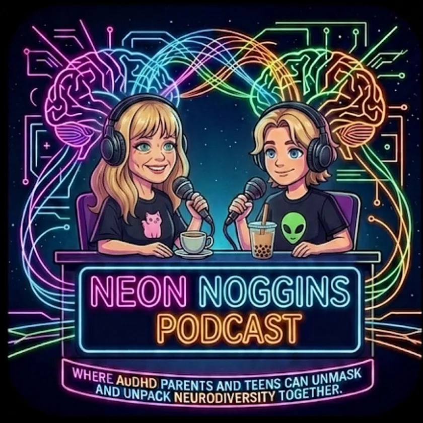 Neon Noggins Podcast cover art: a mother and teen at microphones surrounded by neon brains and circuitry